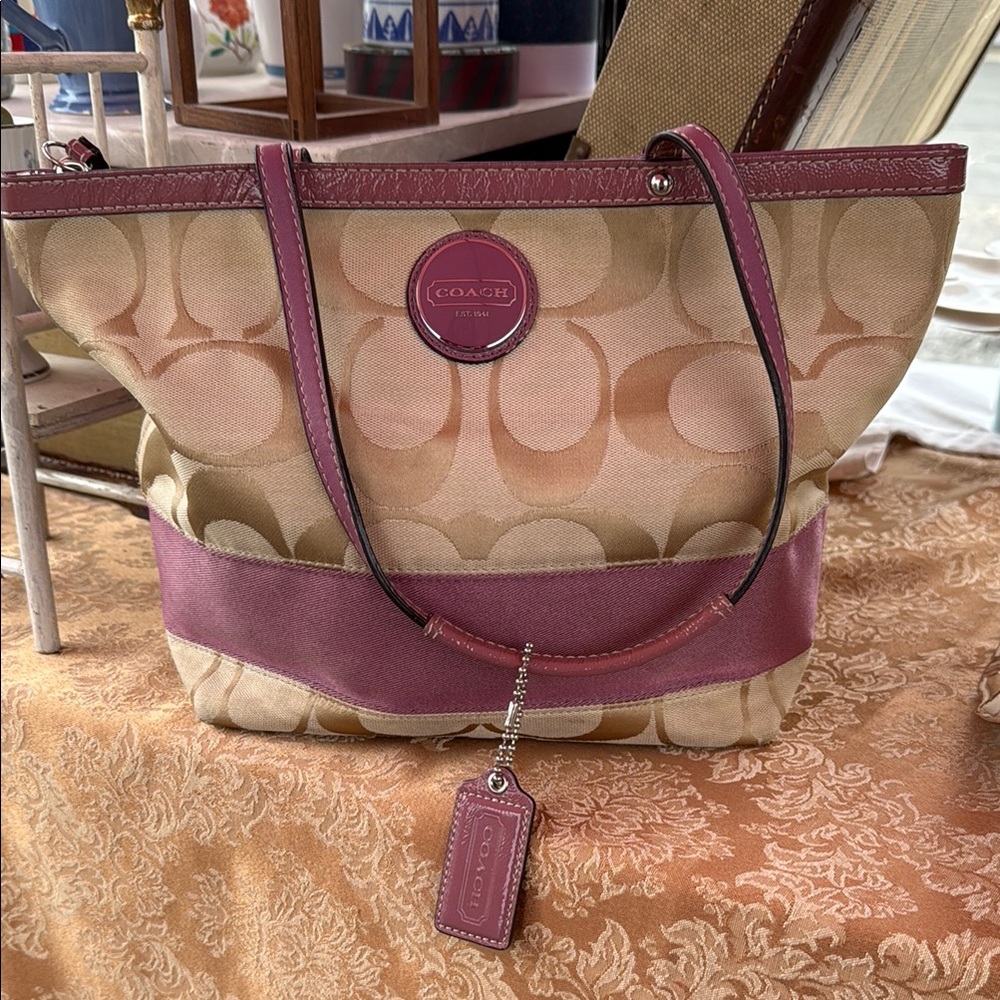 Coach Pink and Tan Signature Tote Bag